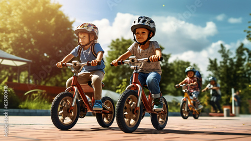 Group of Child riding a bike, with Helmet, playing, fun, outside, holiday Vibe © PHdJ