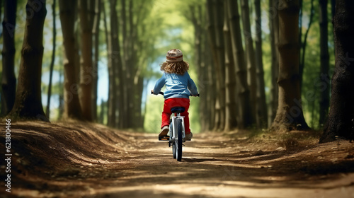 Little Girl riding a bike in the forest, wearing helmet, curly hair, red trouser © PHdJ