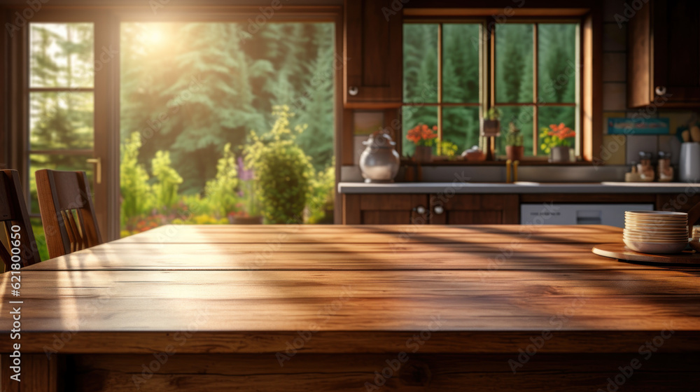Fotografie Copy space wooden table in kitchen background. Generative ai.