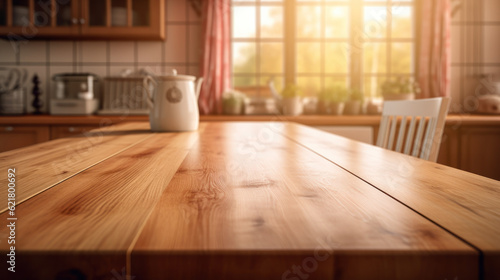 Copy space wooden table in kitchen background. Generative ai.