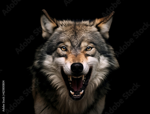Portrait eines zähnefletschenden Wolfs / Wolf vor schwarzem Hintergrund erstellt mit generativer KI