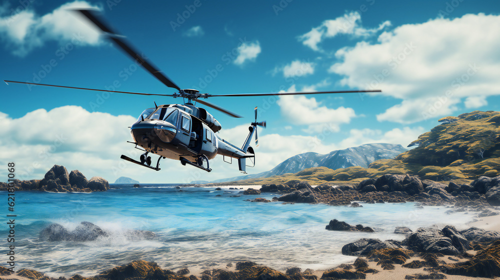 Helicopter in action, flying over sea, beach, rocks, spectacular Helicopter in action, flying over sea, beach, rocks, spectacular