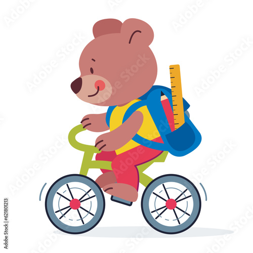 Cute cartoon smiling teddy bear with school bag riding bicycle to school. Animals back to school. Isolated illustration in flat style. 