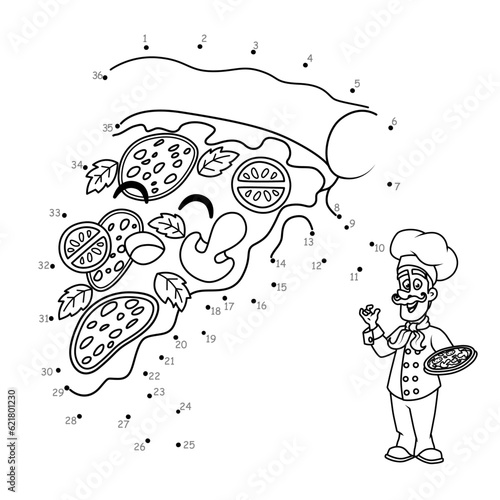 Point to point game. Draw a line. Cheerful piece of pizza. For children. Worksheet. Coloring book. Cartoon character.