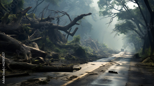 Fallen, broken Trees lying on Road, Street after big Storm, Tornado, Hurricane