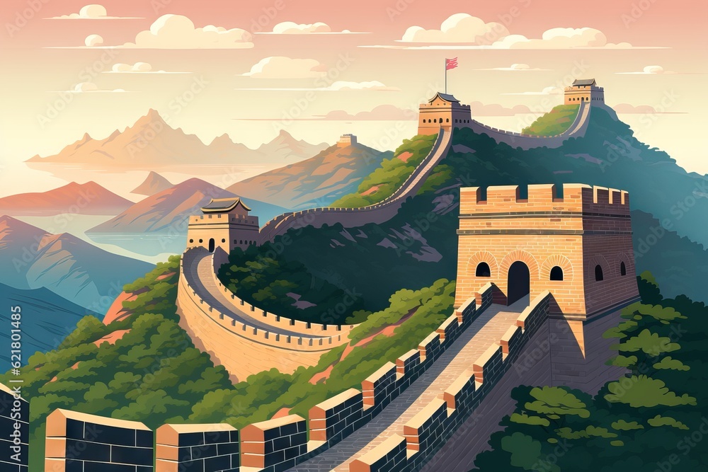 Great Wall China at sunset with painting cartoon design. Generative AI - obrazy, fototapety, plakaty 