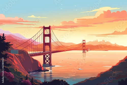 golden gate bridge at sunset with painting cartoon design. Generative AI