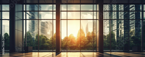 Panoramic skyline and buildings with many glass windows, generative ai