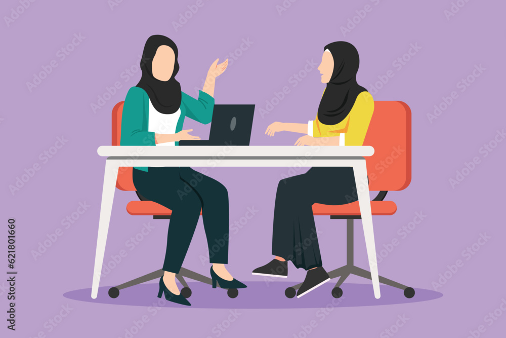 Graphic flat design drawing Muslim TV show with guest. Beautiful Arabian girl celebrity giving interview to television presenter, journalist asking famous women host. Cartoon style vector illustration Graphic flat design drawing Muslim TV show with guest. Beautiful Arabian girl celebrity giving interview to television presenter, journalist asking famous women host. Cartoon style vector illustration