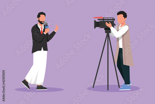 Graphic flat design drawing Arabian man reporter, operator. News reporter performing. Journalists on air icon. Video cameraman filming news reporter with microphone. Cartoon style vector illustration