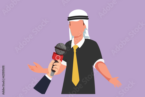 Cartoon flat style drawing Arab businessman giving interview in presence of journalists with microphones. Successful man gives comments, opinions for breaking news. Graphic design vector illustration