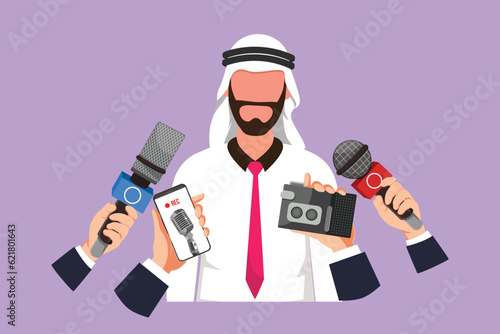 Graphic flat design drawing Arab businessman interview with microphones. Popular person, presenter, celebrity, political gives comment for breaking news, reportage. Cartoon style vector illustration