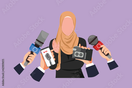 Character flat drawing beautiful Arabian woman giving interview. Hands of journalists holds microphones. Concept of news, elections, interviews, comments, politics. Cartoon design vector illustration