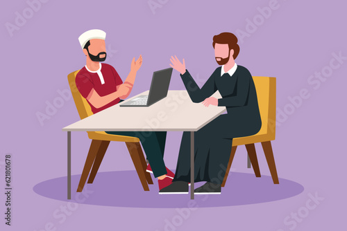 Cartoon flat style drawing young Arab male interviewing famous person in studio for tv show. Television or internet broadcast with journalist talking to celebrity. Graphic design vector illustration