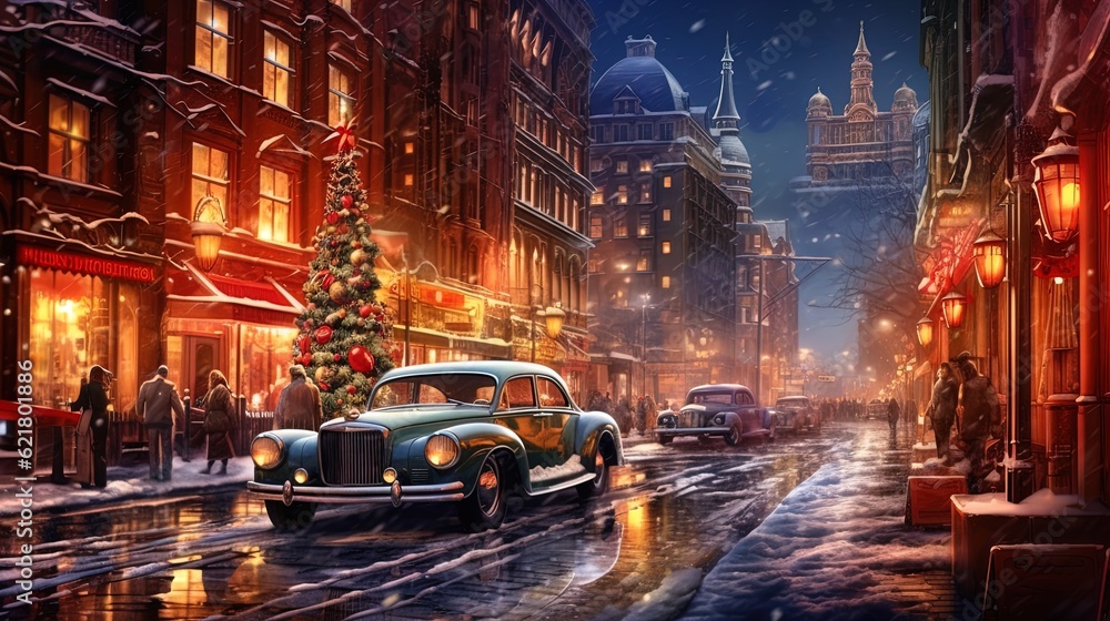 Retro cars in the old town in snowy weather for Christmas, Generative AI