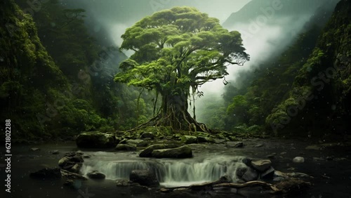 Emerald Marvel: Amazon's Pride - Intriguing image of a spectacular tree towering in the Amazon. Perfect for eco-tourism, sustainability initiatives, and conservation efforts. Reworked generative AI.