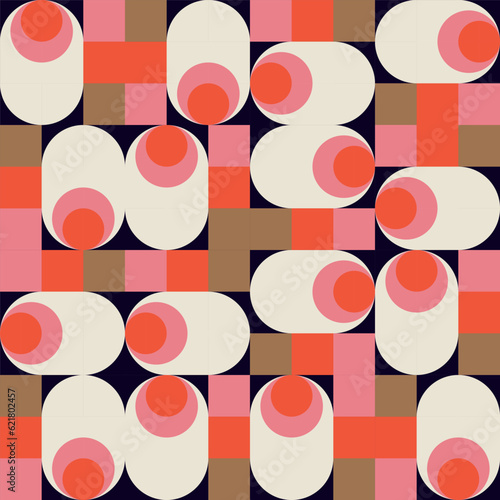  Modern vector abstract  geometric background with circles, rectangles and squares  in retro scandinavian style. Pastel colored simple shapes graphic pattern. Abstract mosaic artwork. © dinadankersdesign