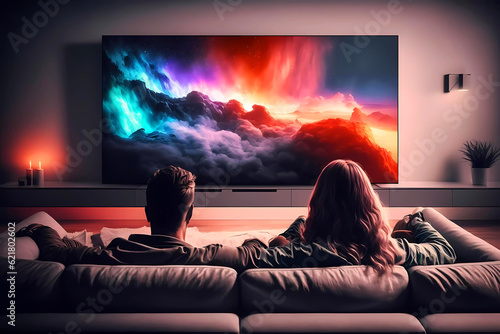 Couple watching tv at sofa. Generative ai design.