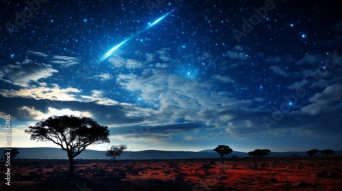 Beautiful landscape with starry sky and a tree in the foreground. Night sky with stars and a lone tree in the foreground.