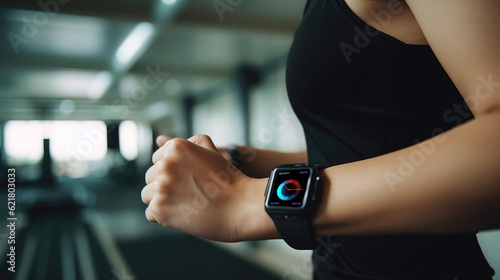Woman wearing fitness tracker smartwatch while exercising in gym
