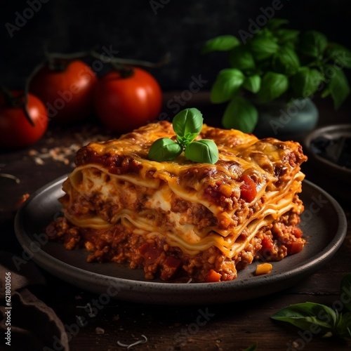 Lasagna Bolognese whit cheese and tomato sauce generative ai