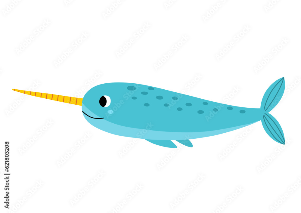 Cute narwhal fish in cartoon style. Sea unicorn animal character for kids. Vector illustration Cute narwhal fish in cartoon style. Sea unicorn animal character for kids. Vector illustration