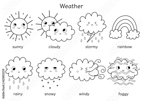 Cute weather characters black and white set for kids. Funny sun, clouds, rainbow clipart collection in outline for coloring book. Vector illustration