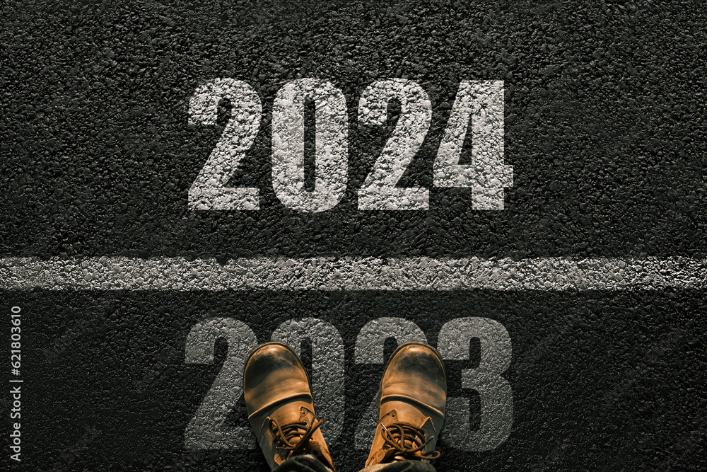 Man walks on asphalt and crosses the line by 2024 New year 2024 Men #39 s Man walks on asphalt and crosses the line by 2024 New year 2024 Men #39 s
