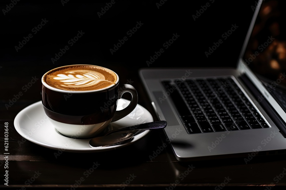 Dark background with a laptop with a blank screen and latte art coffee. Generative AI Dark background with a laptop with a blank screen and latte art coffee. Generative AI