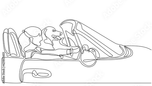One line of woman and her dog ride car. Continuous line of people drive car isolated on white background.