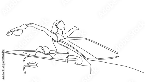 One line of woman on car, Continuous line of people ride car isolated on white background.