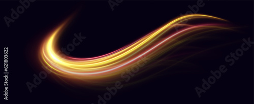 
Multicolored neon swirl. The effect of moving at the speed of light. Easy trail. Shiny wavy path. Vector.