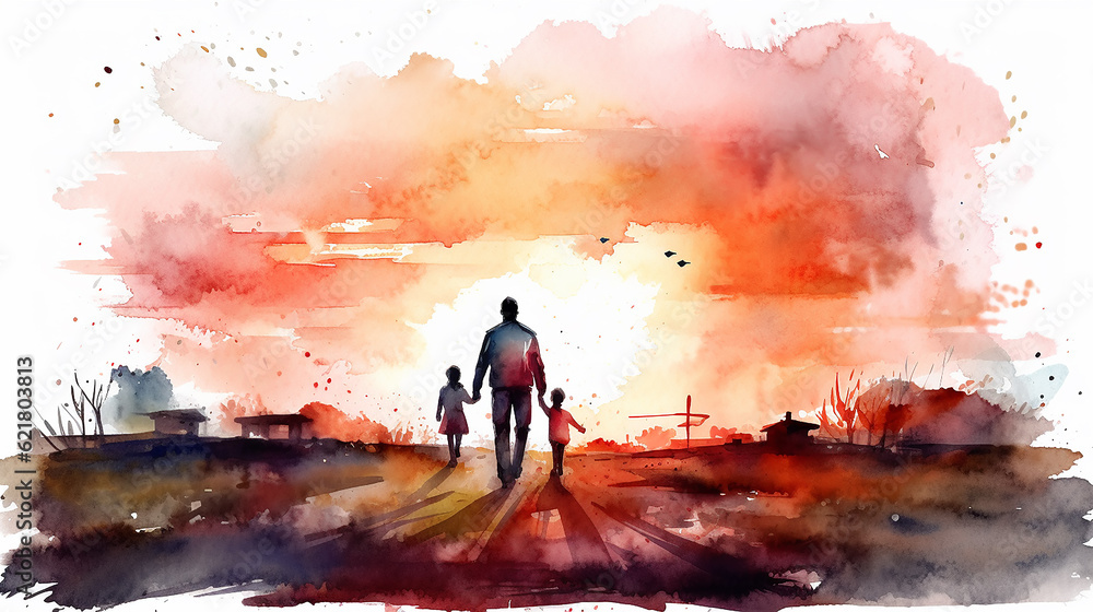Fototapeta premium watercolor drawing isolated on a white background father walking hand in hand with his son view from the back. Generative AI