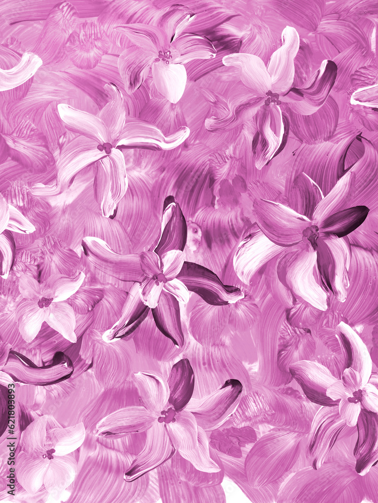 Abstract pink flowers, original hand drawn, impressionism style, color texture, brush strokes of paint,  art background.