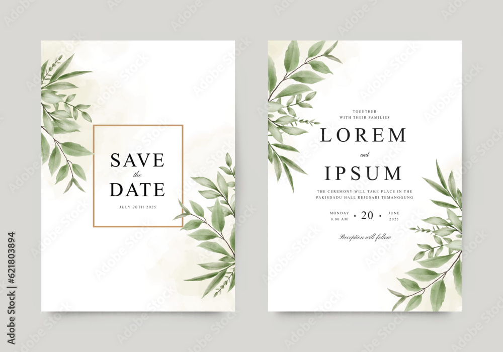 Wedding invitation template set with watercolor green leaves