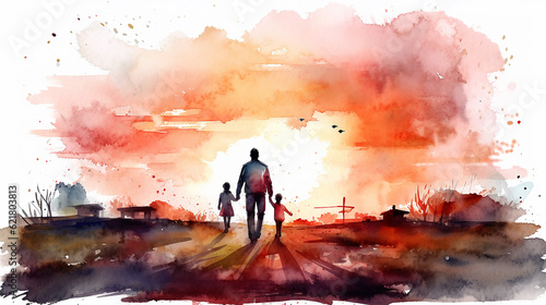 watercolor drawing isolated on a white background father walking hand in hand with his son view from the back. Generative AI