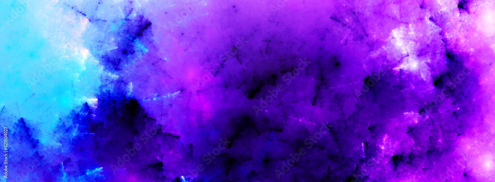 Art paint clouds. Abstract painting background. Purple, magenta, blue wide pattern. Fractal artwork for creative graphic design