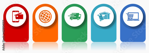 Commerce icon set, miscellaneous vector icons such as credit card, globe, truck, storage and online shop, modern design infographic template, web buttons in 5 color options
