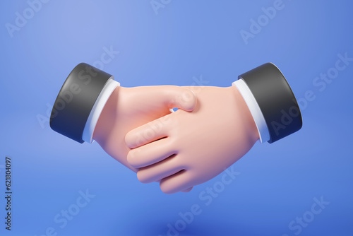3D cartoon business man handshake , minimal handshake gesture with suit ,3D rendering partners dealing