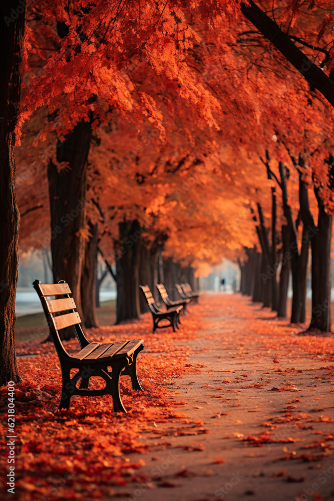 red autumn leaves in a park with an empty alley and bench, generative ai