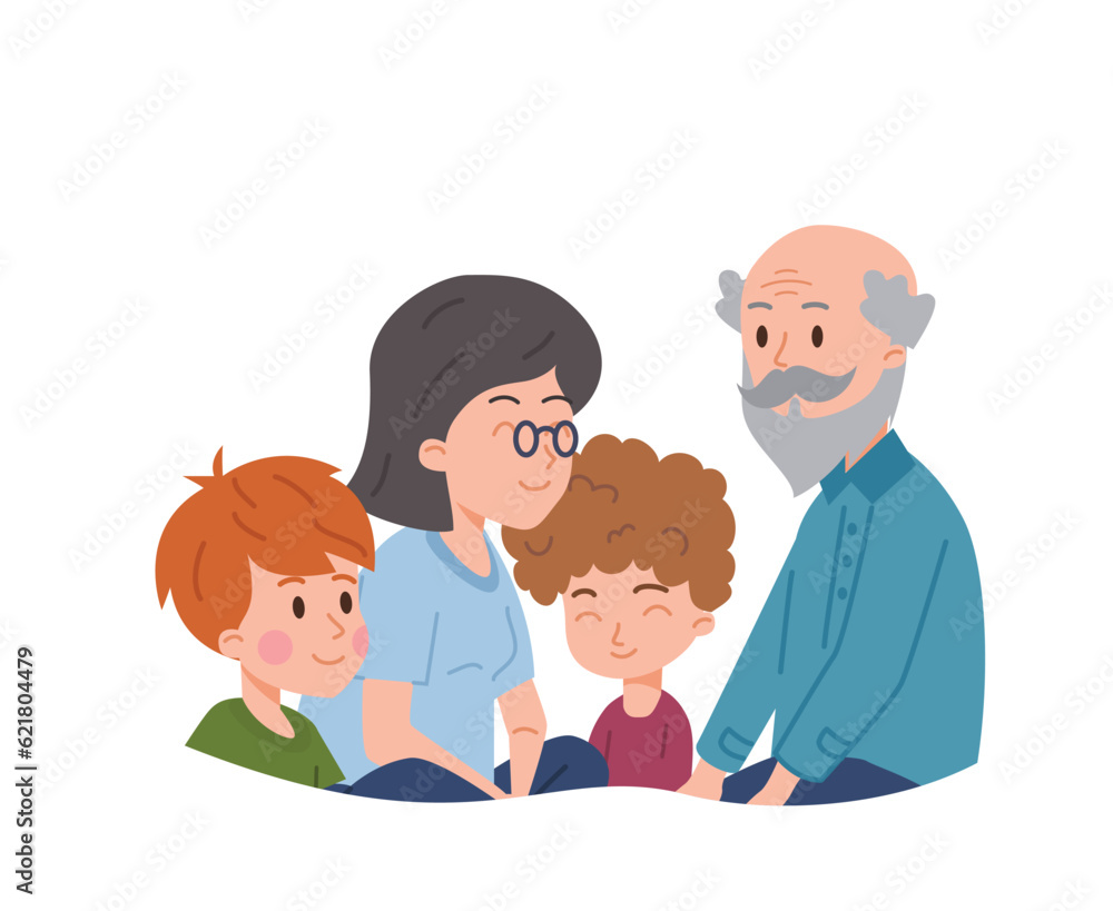 Grandparents with children spending time together flat style, vector illustration