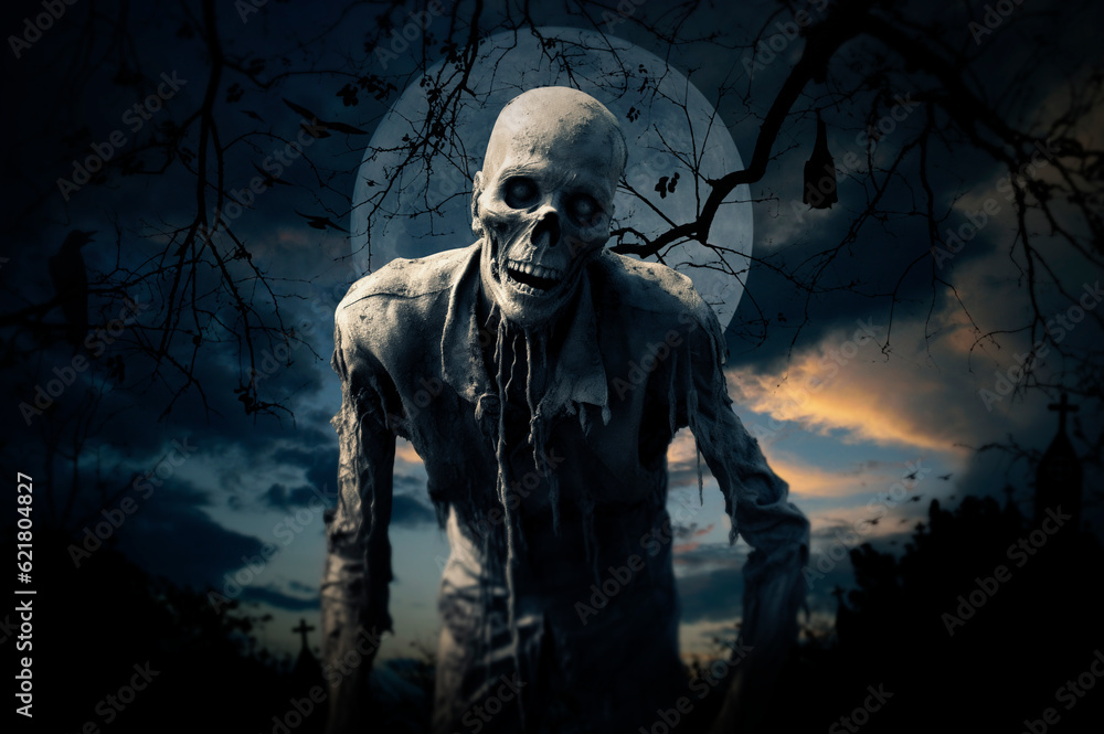 Zombie standing over cross, church, crow, bat, birds, dead tree, full moon and sunset sky, Halloween mystery concept, Generative AI Zombie standing over cross, church, crow, bat, birds, dead tree, full moon and sunset sky, Halloween mystery concept, Generative AI