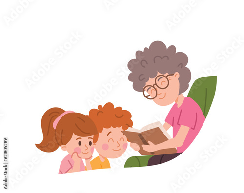 Vector flat isolated illustration of grandmother sits in an armchair reading a book to her grandson and granddaughter