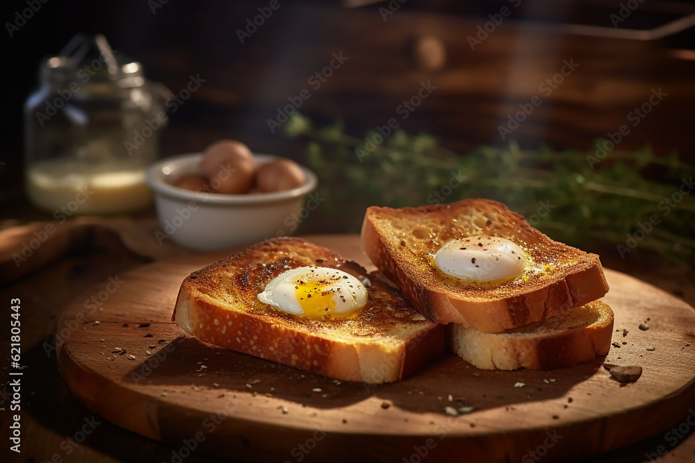 Bread toast with egg served on a wooden board Bread toast with egg served on a wooden board