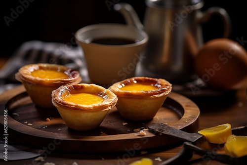 Egg tarts served on a wooden board