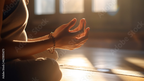 close-up of hands girl doing yoga beautiful light. Generative AI