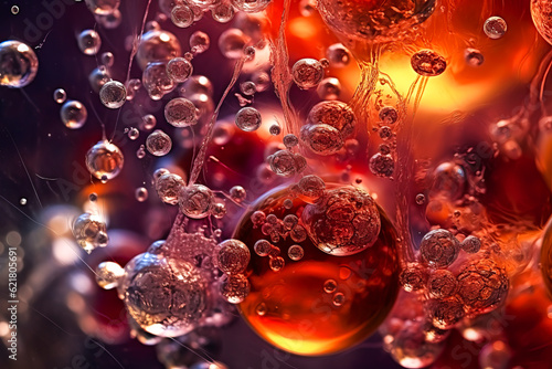 Spellbinding fermentation process: Bubbles and sediments visible in a transparent wine vessel, captivating high-speed motion and striking light play through wine. Generative AI photo