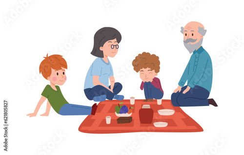 Grandparents picnic with kids flat style, vector illustration