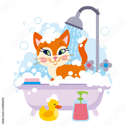 Cute cartoon cat in bath with duck, soap foam and bubbles. Grooming pet flat vector illustration.