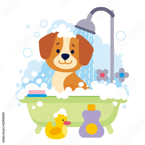 Cute cartoon dog in bath with duck, soap foam and bubbles. Grooming pet flat vector illustration.